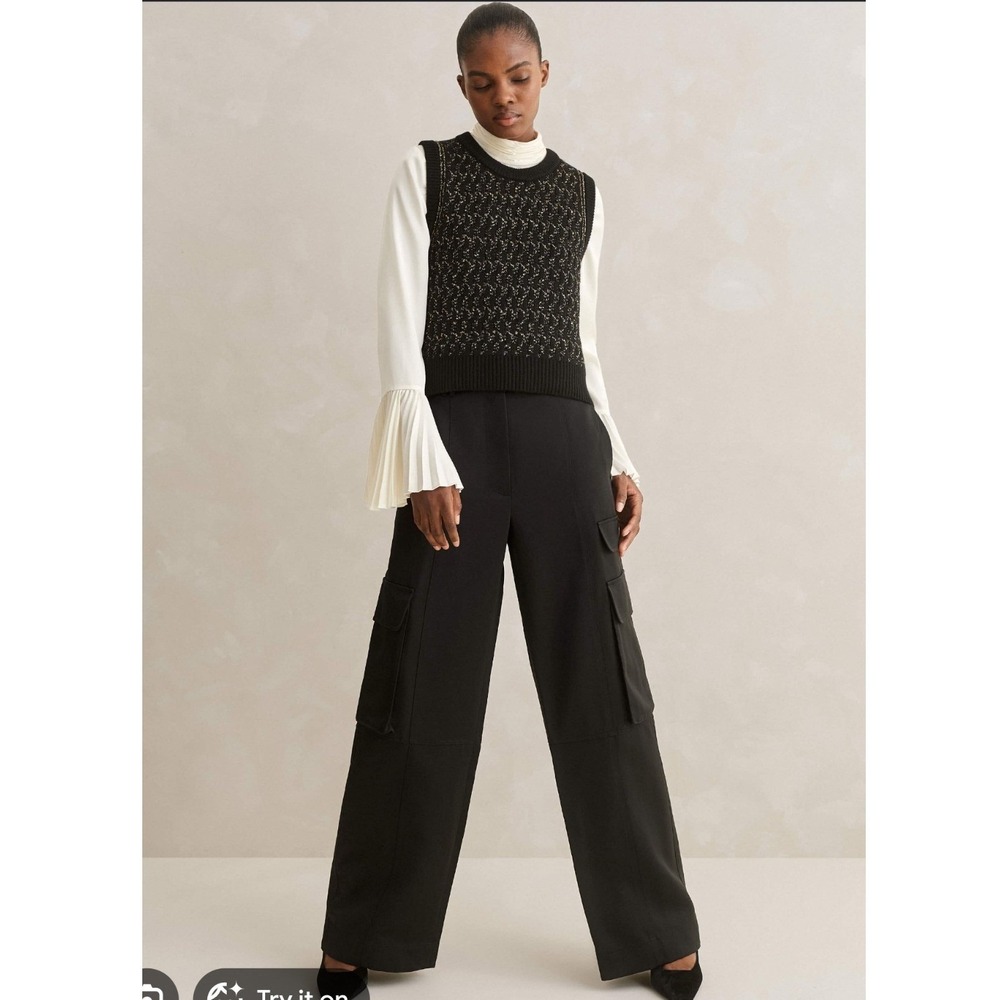 ME+EM Black Heavy Satin Statement Cargo Trouser Wide Leg Pants- Size 2